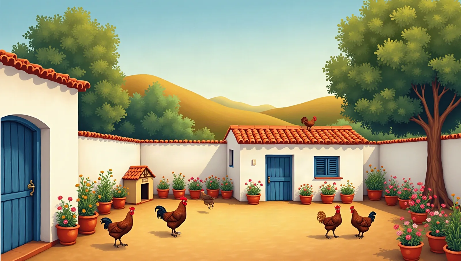 Pintura de un patio de campo encalado, con macetas, una morera, un gallinero de tejas y gallinas sueltas