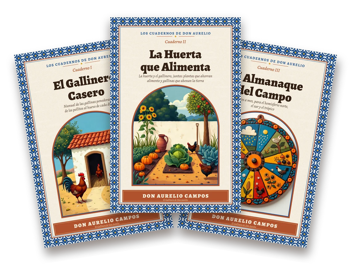 Los tres cuadernos: El Gallinero Casero, La Huerta que Alimenta y El Almanaque del Campo